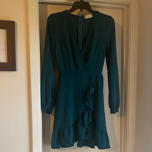 Altar'd State Teal Long-Sleeve Ruffle Wrap Dress